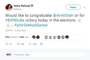 Saina Nehwal congratulates Narendra Modi and Amit Shah