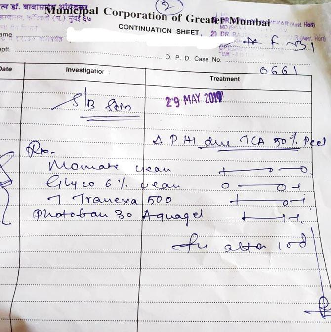 A medical prescription to treat the burns from a civic hospital