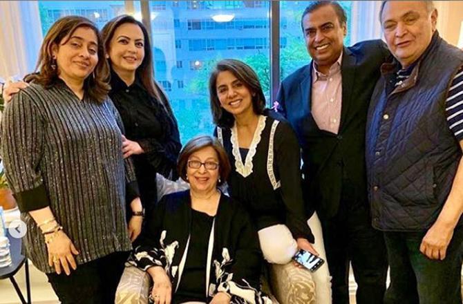 In May 2019, Nita and Mukesh Ambani visited veteran actor Rishi Kapoor in New York. She looked elegant in a black pantsuit as she happily posed with the Kapoor family. Picture/Instagram Neetu Kapoor