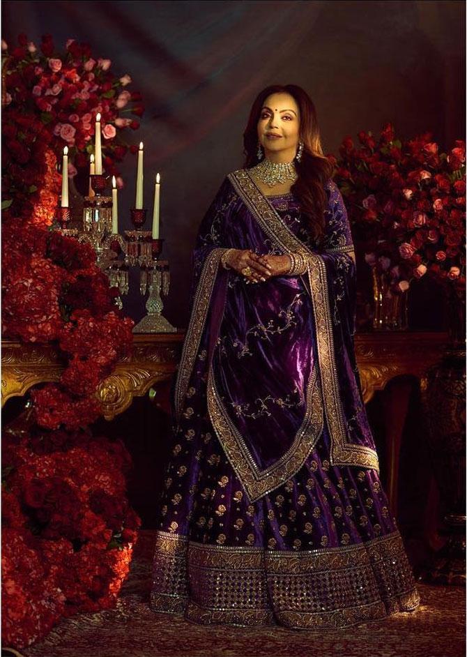 In picture: Nita Ambani stuns in a purple velvet lehenga by Sabyasachi for Isha Ambani's grand wedding photoshoot. Picture/Instagram Sabyasachi Mukherjee