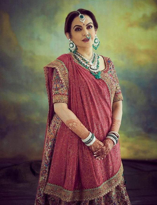 In picture: Nita Ambani looks ethereal in a special detailed embroidered lehenga at her son Akash and daughter-in-law Shloka Mehta's wedding. Picture/Instagram Sabyasachi Mukherjee