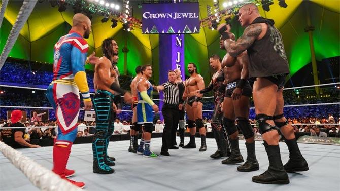 A high profile tag team match between Hulk Hogan and Ric Flair's respective teams took place at Crown Jewel. Hogan's team comprised of Roman Reigns, Ricochet, Rusev, Ali and Shorty Gable, while, Flair's team had Randy Orton, Bobby Lashley, Drew McIntyre, Shinsuke Nakamura and King Corbin
