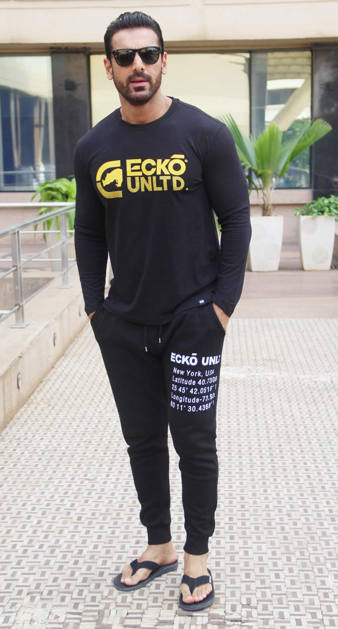 John Abraham was spotted promoting his upcoming flick Pagalpanti at a plush hotel in Juhu, Mumbai. (All pictures/Yogen Shah)