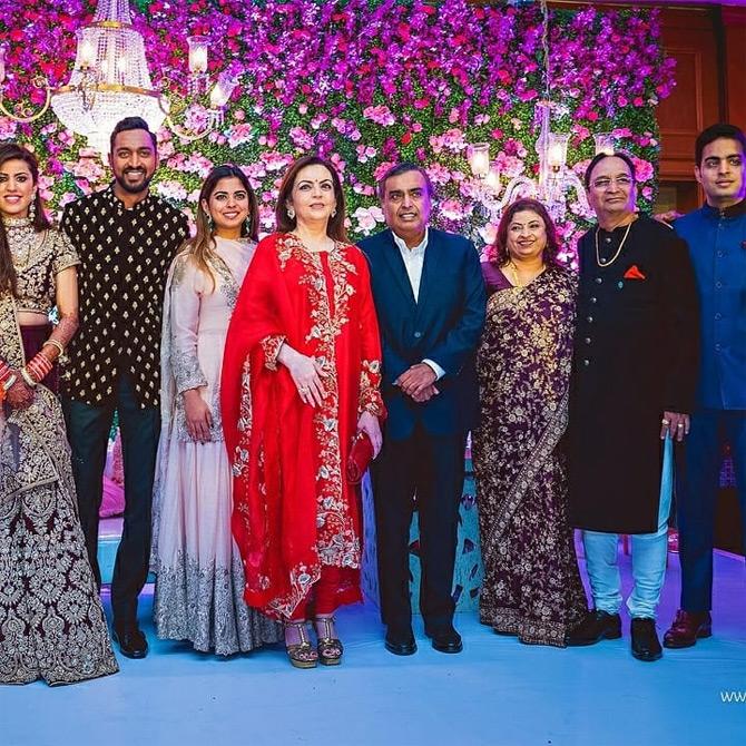 For cricketer Krunal Pandya And Pankhuri Sharma's wedding reception in Mumbai, mother-daughter duo Nita and Isha Ambani opted for an Anamika Khanna bespoke creation. The entire Ambani family from Mukesh and Nita to Isha and Akash graced the event to bless the newly married couple