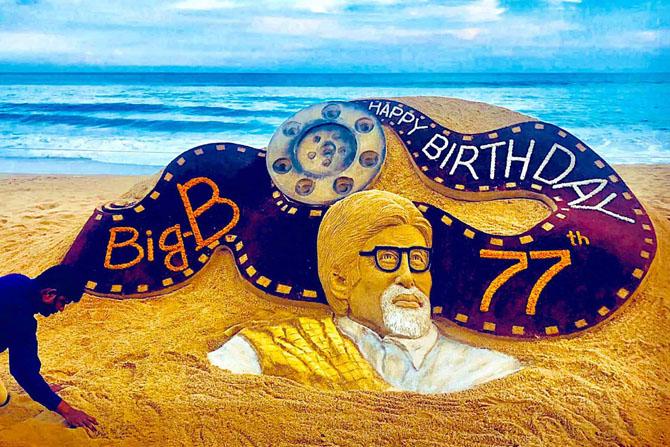 In this artwork, Pattnaik celebrates the 77th birthday of legendary Bollywood actor Amitabh Bachchan.