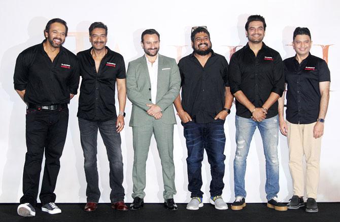 Filmmaker Rohit Shetty, who unveiled the trailer, said Ajay always wanted to make a magnum opus like Tanhaji. The film Ajay's 100th film. Directed by Om Raut the film is set to release on 10 January 2020.
In picture: Rohit Shetty, Ajay Devgn, Saif Ali Khan, Om Raut, Sharad Kelkar and Bhushan Kumar at the trailer launch.