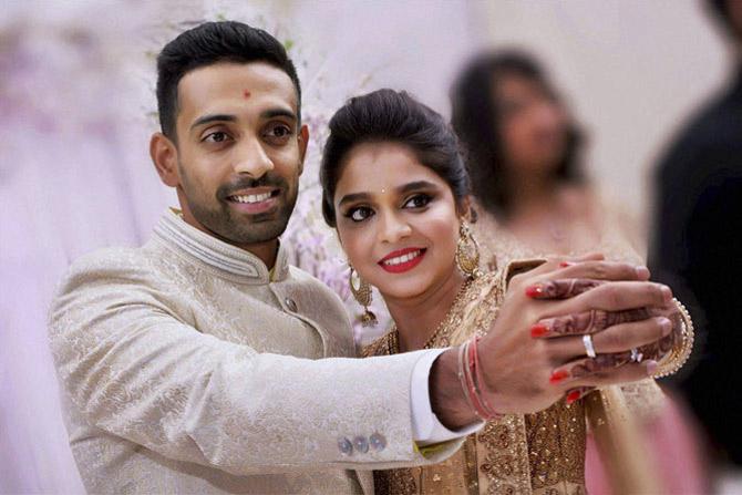 Indian pacer Dhawal Kulkarni and his wife Shraddha Kharpude. The couple tied the knot on March 3, 2016. The couple are also expecting their first child