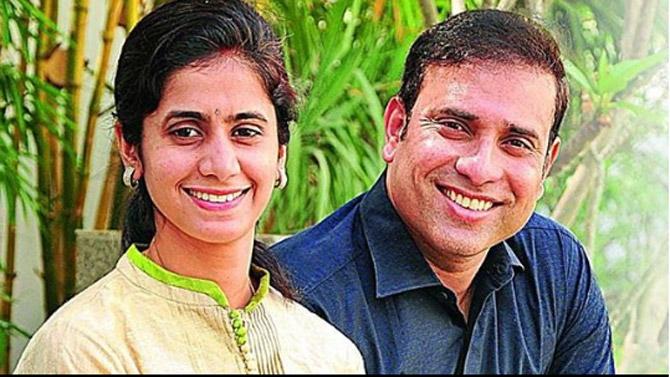 Former Indian batsman VVS Laxman along with his wife G.R. Sailaja. The couple were married on February 16, 2004. They have two children - Sarvajit and Achinthya