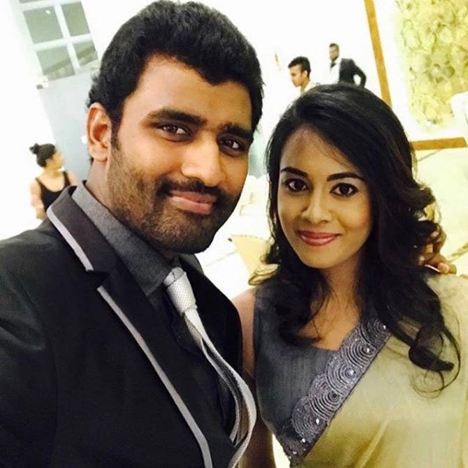 Sri Lankan all-rounder Thisara Perera along with his wife Sherami Dinushika