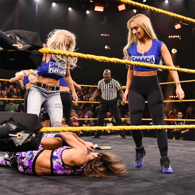 SmackDown's Carmella moonwalked into NXT and was joined by Dana Brooke, Mandy Rose and Sonya Deville