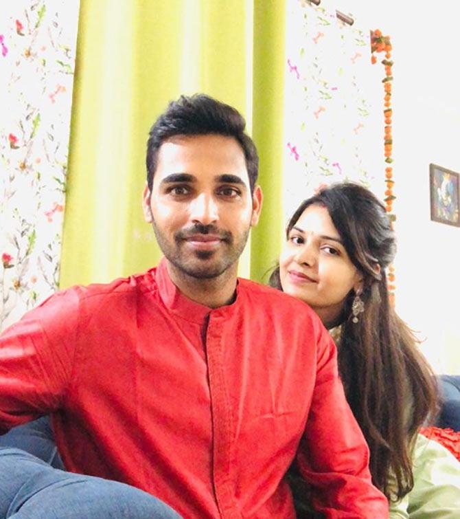 In picture: Bhuvneshwar Kumar and wife Nupur Nagar celebrating the festival of Diwali at home in 2019