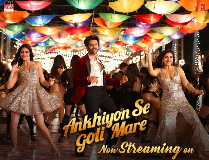 The rehashed version of the classic song Ankhiyon Se Goli Mare starring Govinda and Raveena Tandon, features Kartik Aaryan, Bhumi Pednekar, and Ananya Panday. Ankhiyon Se Goli Mare from Pati Patni Aur Woh has been sung by Mika Singh and Tulsi Kumar and composed by Tanishk Bagchi.