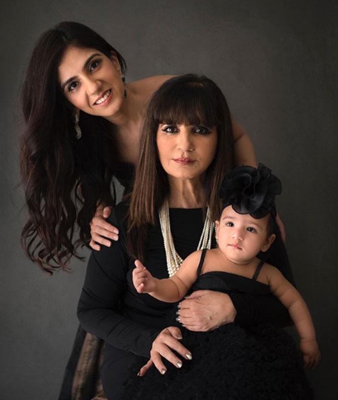 An all-black photo featuring the three generations, Nishka Lulla, Neeta Lulla and Miraya.