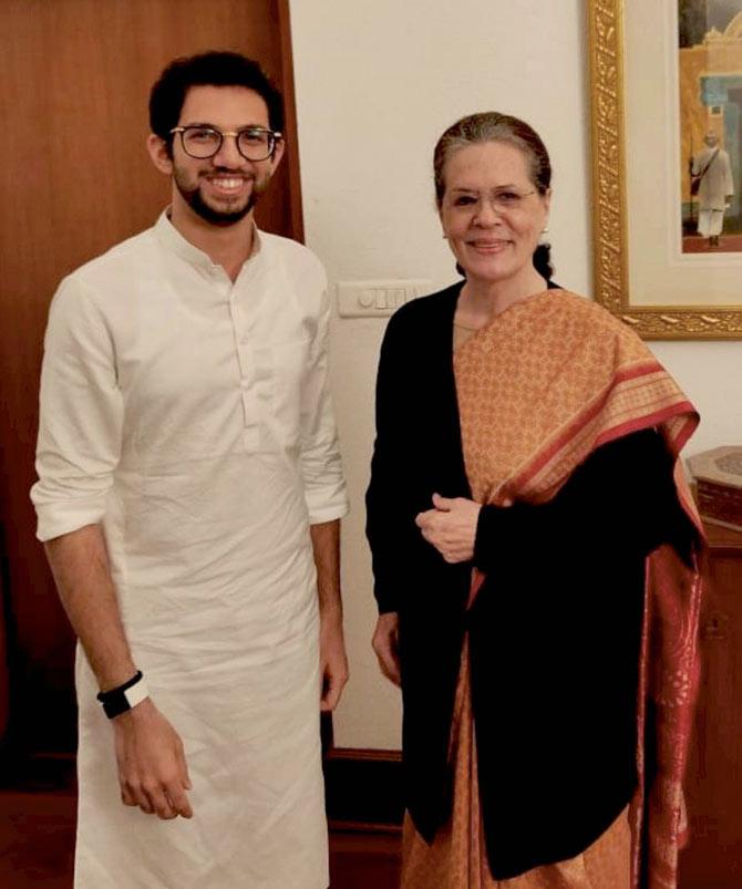 On November 27, 2019, Shiv Sena leader Aaditya Thackeray invited Congress President Sonia Gandhi to attend the oath ceremony of his father and party chief Uddhav Thackeray as Maharashtra Chief Minister, in New Delhi. Picture/ PTI