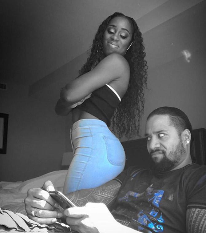 Naomi shared this candid photo at home with Jimmy Uso and captioned it: @jonathanfatu boy stooooooop you know you want to feel this glow.