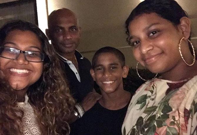 In picture: Former Sri Lankan opener Sanath Jayasuriya with his son Ranuka and daughters Savindi and Yalindi