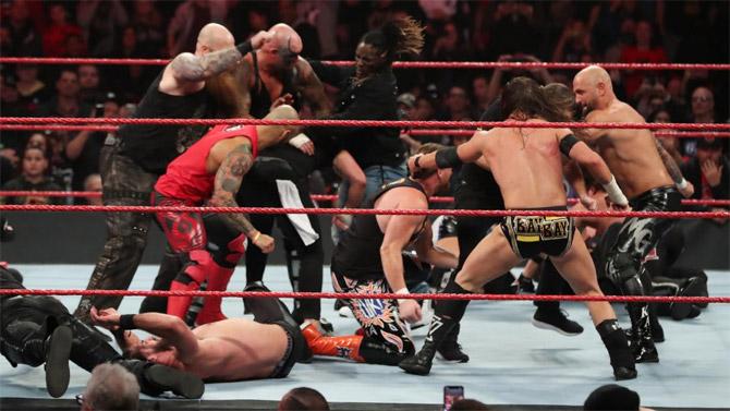 After WWE Raw's roster came to the aide of Seth Rollins, superstars from the NXT roster came out as both teams brawled as the show closed in chaos 