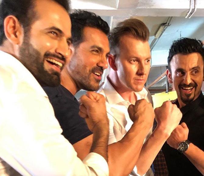 Brett Lee with Irfan Pathan and Bollywood actor John Abraham and Jatin Sapru during the promotion of the film RAW. Lee captioned the photo: Are we starring in your next Bollywood flick JA ? Great to see you mate & wish you all the best for RAW ! Comes out April 5 @thejohnabraham @irfanpathan_official @jatin_sapru