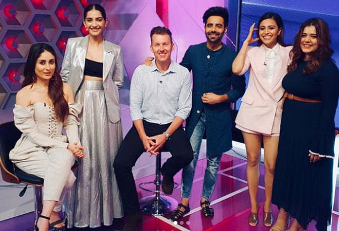 Brett Lee with Bollywood stars Kareena Kapoor Khan, Sonam Kapoor Ahuja, Swara Bhaskar, Shikha Talsania and Aparshakti Khurana during the promotions of Veere Di Weeding.