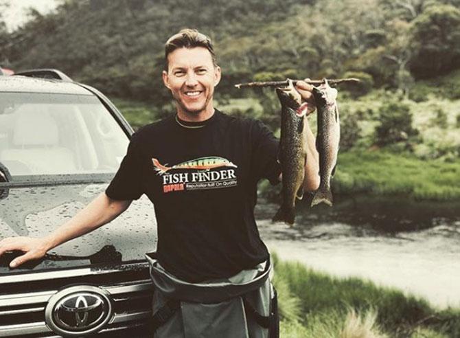 Brett Lee captioned this photo: An Incredible few days away at the Snowy Mountains Trout fishing with some mates. We Managed to get a few around the 40cm mark! Incredible rivers and countryside. Australia is such a gorgeous place! I Took my Sahara @toyota_aus for a run up the mud hills. Smashed it! What a beast ! Caught all my trout using @rapala_australia lures ! @costasunglasses @storm.fishing #rapala_australia #costasunglasses #stormfishing