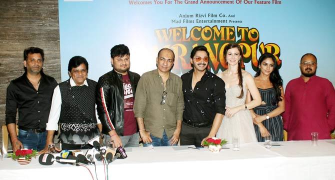 Giorgia Andriani, Shreyas Talpade, Karnikaa Singh and cast and crew of Welcome To Bajrangpur pose for the photographers at the event in Juhu.