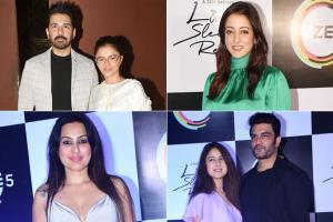 Raima Sen, Rubina Dilaik, Sharad Kelkar with wife at Love Sleep Repeat screening in Juhu