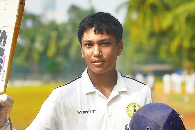 Atharva Deshpande of SVIS (Borivli) after scoring 157 against Abhinav Vidya Mandir yesterday