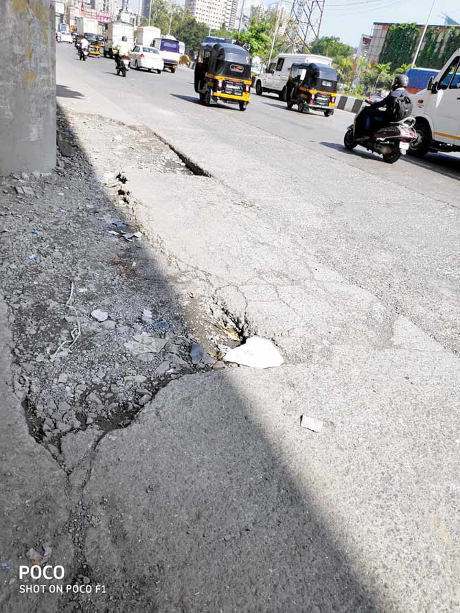 Pothole picture (number 3,388) from service road near Jijamata Nagar taken by Utsav Joshi