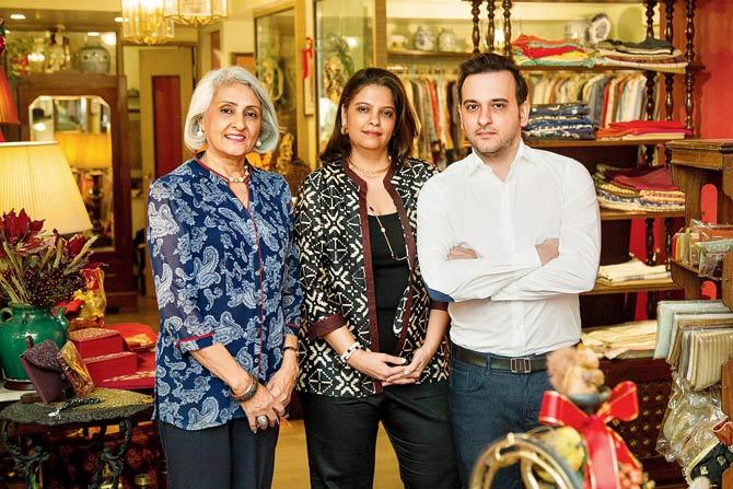 The recently relocated Studio Malabar on the ground floor of Stone Building seen here are the store’s partners, Sarita Goswamy, Dimple Ahuja and Amit Ahuja, signalling the corner of Morvi Lane, had a start further south. The exclusive decor and textiles store was opened in 1962 at the Taj by Laura Hamilton, the Canadian singer who performed in the hotel for the city’s chic set before introducing this shop. PIC COURTESY/ STUDIO MALABAR; SURESH KARKERA
