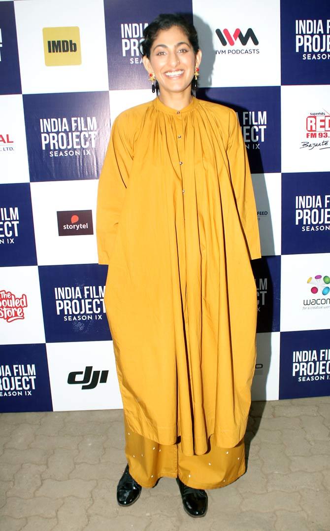 Sacred Games star Kubbra Sait was all smiles when clicked at the red carpet event hosted in Bandra, Mumbai. The actress opted for a mustard yellow ethnic wear to attend the event.