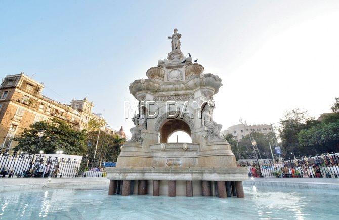 In picture: A view of the iconic Flora Fountain in Mumbai's Fort area with the water from spouts in full flow.