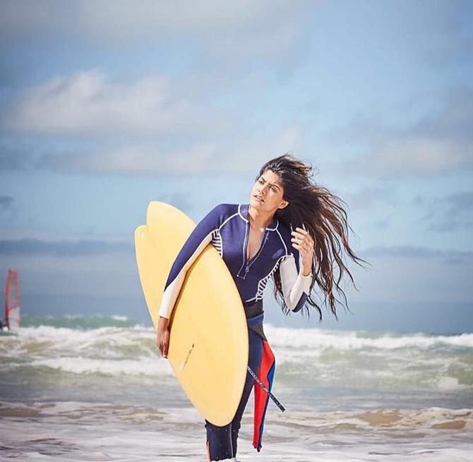 Ananya Birla with a surfboard on the La Jolla Beach, California. Showing off her love for surfing, Ananya shared this photo from a beach in California. Ananya captioned the picture with a fish and surfing emoticons.