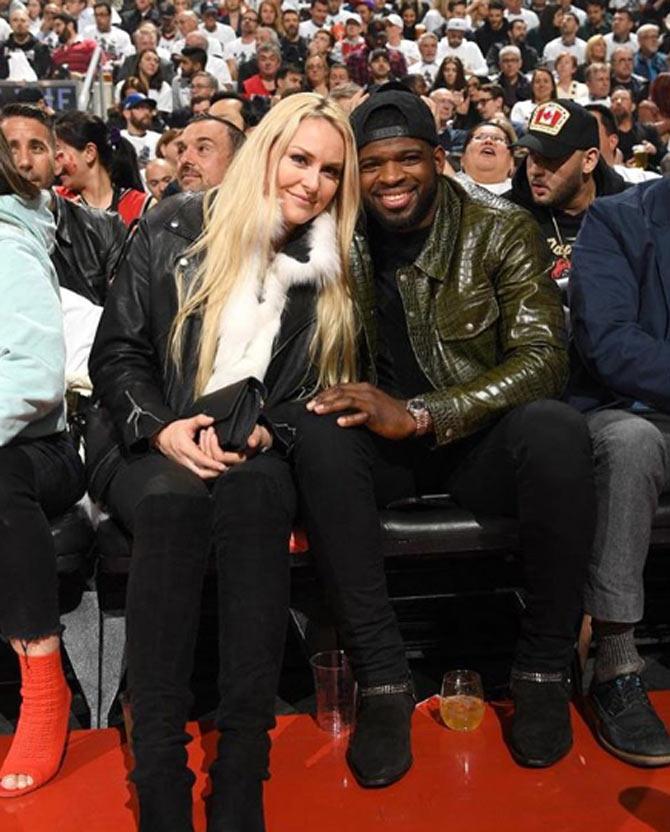 During a Toronto Raptors basketball game, Lindsey Vonn shared this photo and captioned it, 'When date night hits Toronto= I get to see my first @raptors game with @subbanator Thx for the warm welcome'
