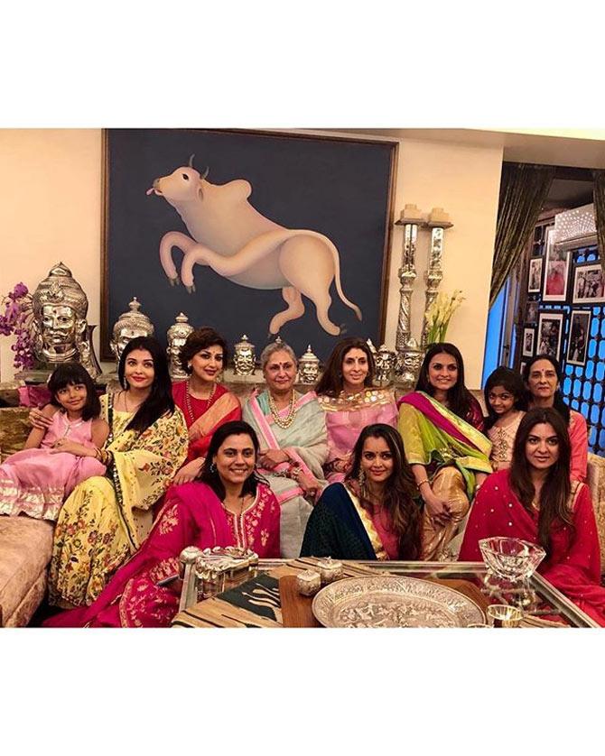 Karwa Chauth at Jaya Bachchan's house: While Aishwarya Rai Bachchan looked elegant clad in yellow dress with a floral print, Sonali looked gorgeous in a red saree. Jaya Bachchan and daughter Shweta Bachchan also looked their best wearing light blue and pink outfits respectively. Everyone including Aishwarya's daughter, Aaradhya Bachchan was seen smiling in the picture.