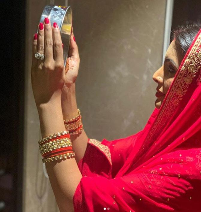 Harbhajan Singh also took to Instagram to share photos of his wife Geeta Basra performing Karwa Chauth rituals.