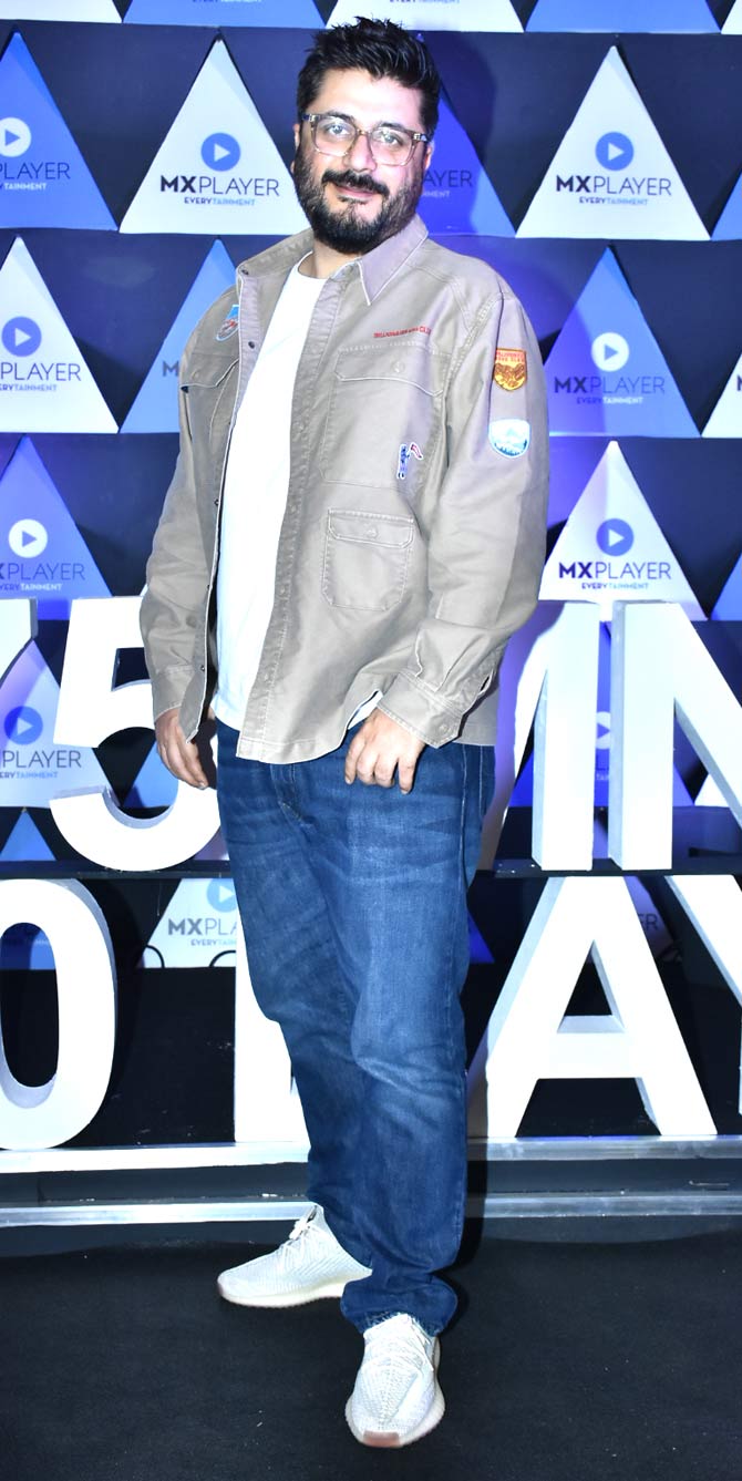 Goldie Behl donned a casual grey jacket, white shirt and denim for the party.