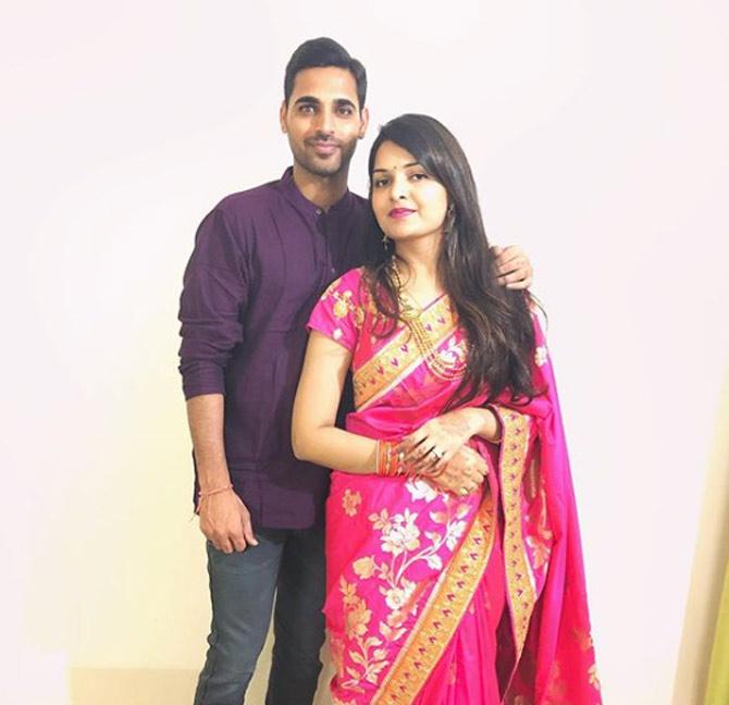 Swing bowler Bhuvneshwar Kumar also took to Instagram to share a cute photo of him and wife Nupur Nagar celebrating Karwa Chauth. He captioned the pic, 'Happy karwachauth wifey #karwachauth #love #life @nupurnagar'. The couple got married in November 2017