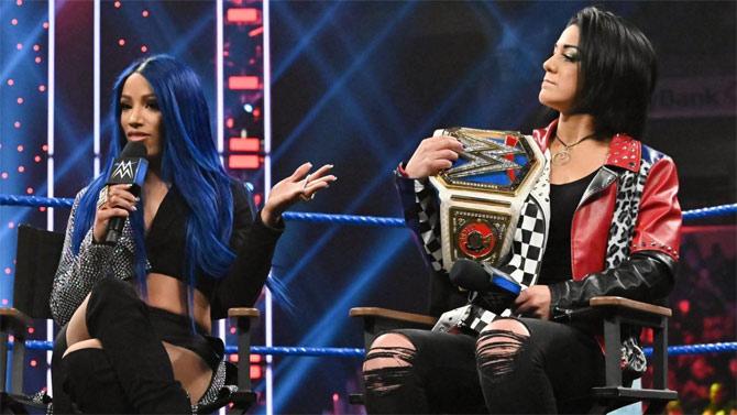 SmackDown women's champion Bayley and her best friend Sasha Banks appear for an interview on Miz TV