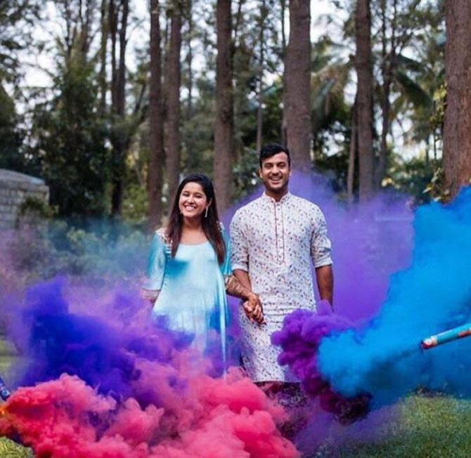Mayank Agarwal has 3 centuries and 3 fifties in Tests. His highest score is 243 runs.
Mayank Agarwal shared this colourful photo with his wife on Holi 2019 with a caption saying, 'Here’s wishing everyone a Happy Holi! May you have a colourful year ahead #happyholi #holihai #holi2019'