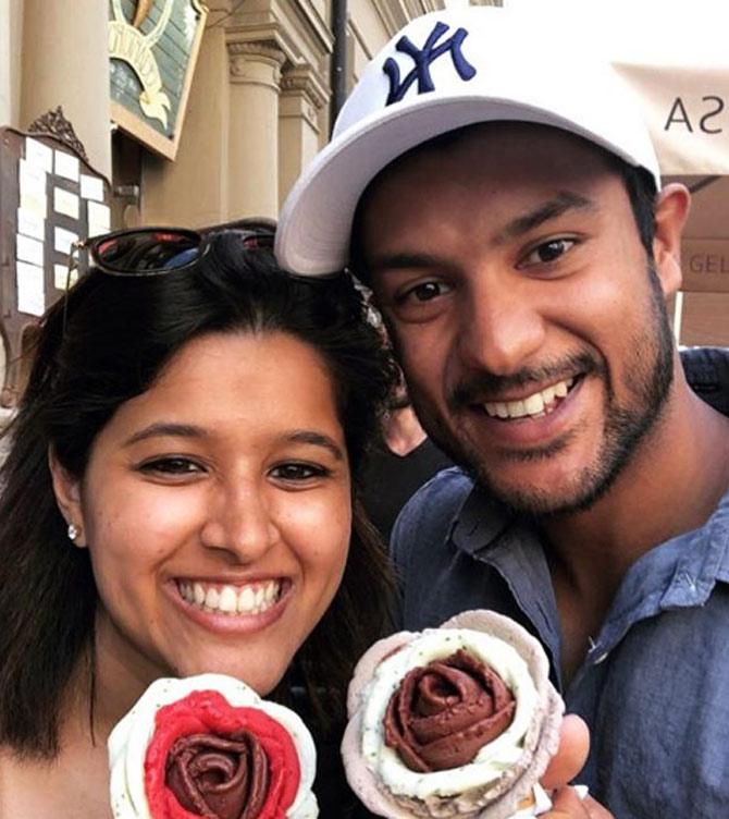 On Valentine's Day 2019, Mayank Agarwal shared a cute photo with his wife as the two hold ice-cream cones in shapes of roses