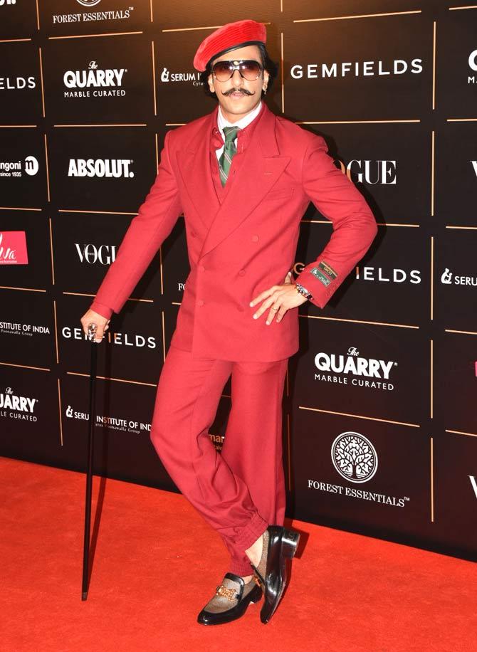Bajirao Mastani actor Ranveer Singh opted for a red suit. On the professional front, Ranveer will be next seen in Kabir Khan's sports drama '83 The Film, opposite Deepika Padukone. The actor won the Man Of The Year award at the event.