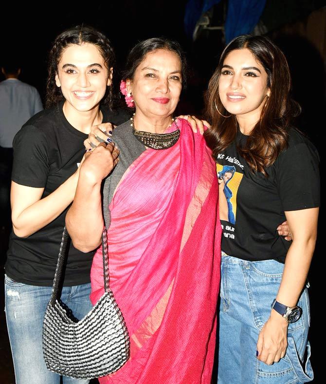 Veteran actress Shabana Azmi also made an appearance at the screening in a bright red saree.
