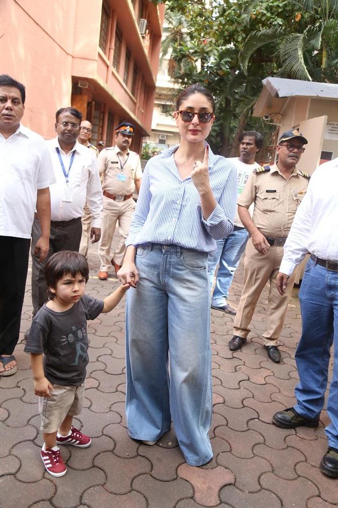 Kareena Kapoor cast her vote in Bandra. She also got her son, Taimur Ali Khan with her. Pic/Pallav Paliwal