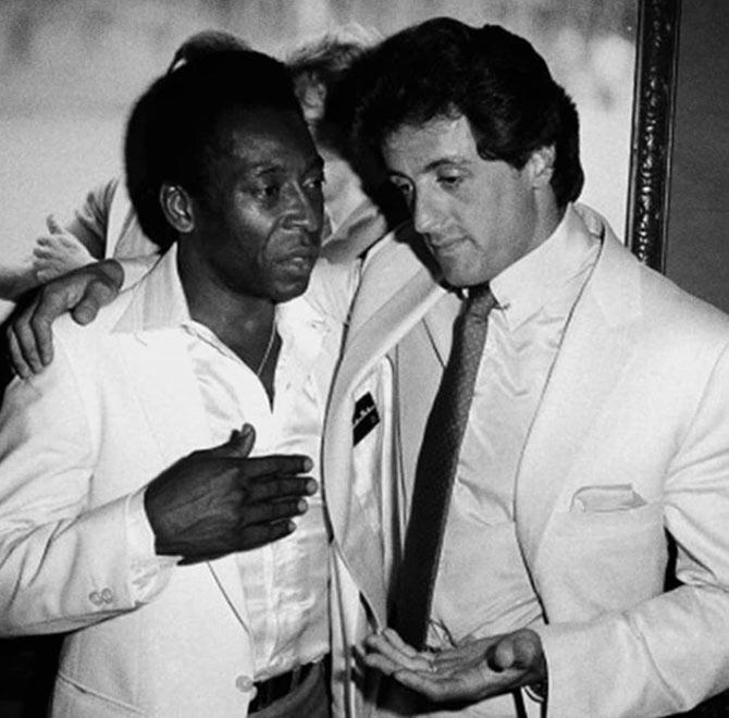 Pele with Sylvester Stallone: It's the birthday of my friend, @officialslystallone. We were in a football film together. Can anyone quote me a line from it? (And happy birthday, Sly!)