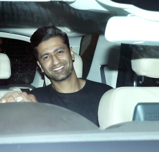 Johny Lever's daughter Jamie Lever will be seen playing him in the year 1419. According to sources, Johny Lever is reincarnated as a woman who falls in love with Akhri Pasta.
In picture: Vicky Kaushal couldn't stop smiling when clicked by the paparazzi at the special screening of the movie.