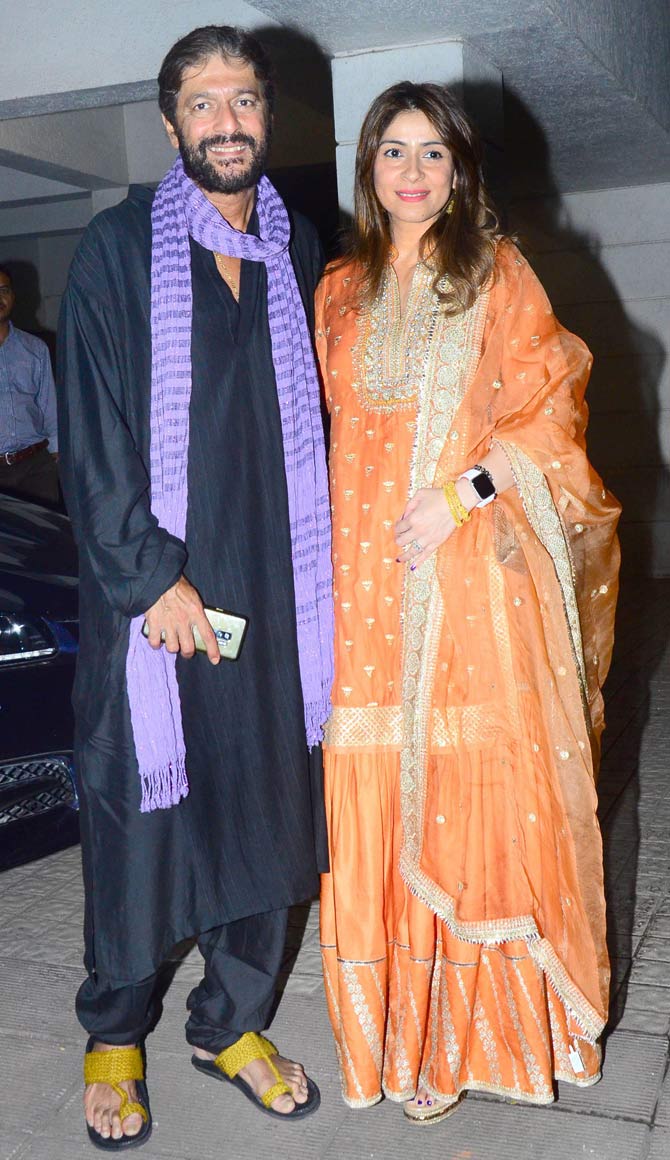 She was accompanied by husband Chunky Panday, who opted for a Pathani paired with yellow sandals for the Diwali bash in Bandra, Mumbai.