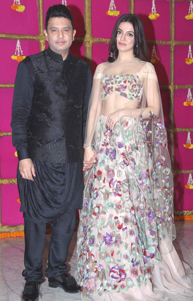 T-Series' head honcho Bhushan Kumar and his actress-producer wife Divya Khosla Kumar were seen at the Diwali bash as well. Divya Khosla looked fabulous in her floral lehenga.