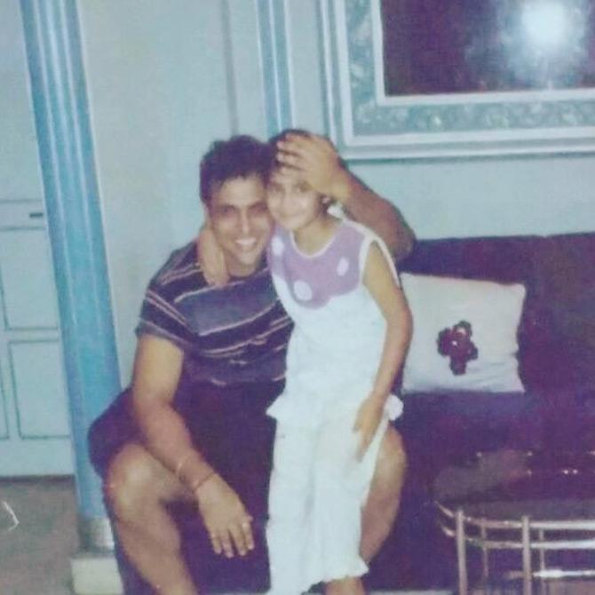 Did you know Govinda is Arti Singh's uncle? Arti is immensely proud of her Chi Chi mama and in several interviews has said how Govinda is like a father figure to her and Krushna. 
Pictured: A young Govinda with an even younger Arti! 