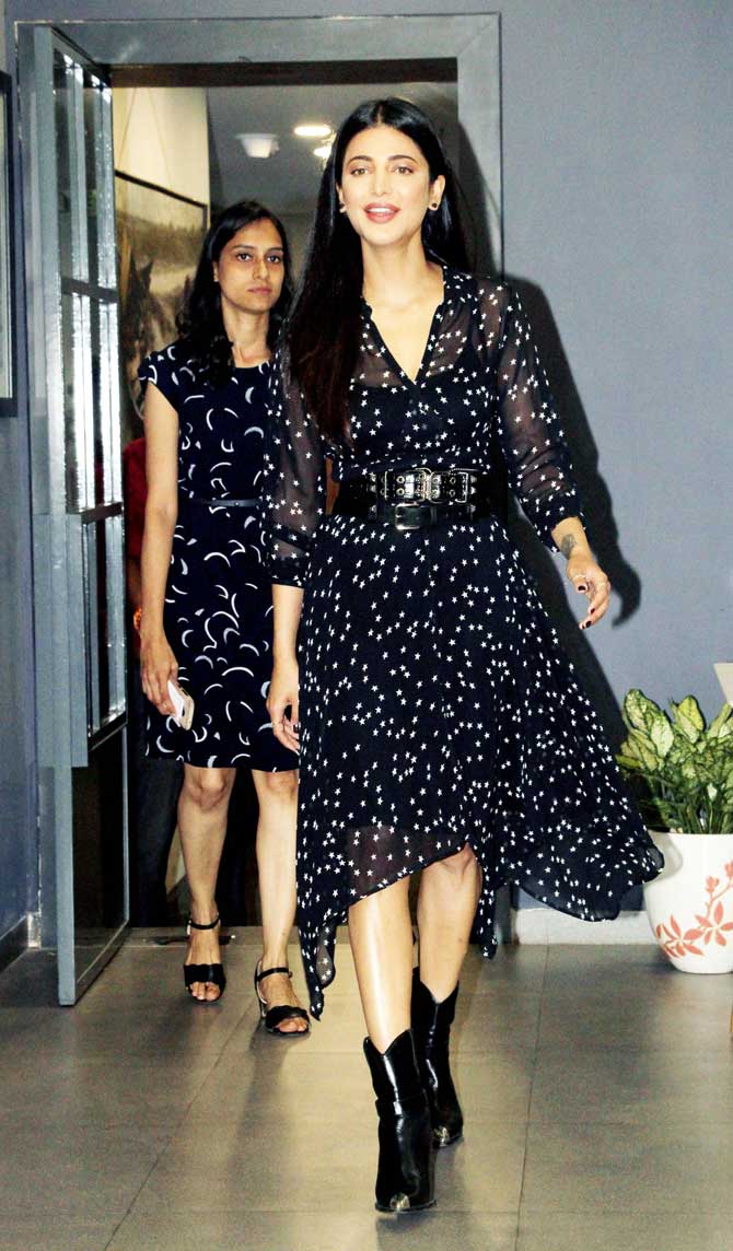 Shruti Haasan also attended an event hosted by an NGO that works towards women's welfare in Worli. For the event, the Behen Hogi Teri actor opted for a retro polka dot long dress and black long boots.