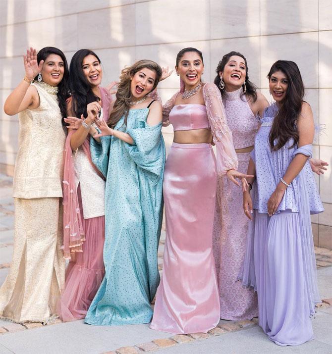 Looking radiant in a fishtail lehenga and crop top from her own label, Pernia Qureshi spent time with her sister Sylvia and friends - Vani Gupta, Vani Khosla, Sanya Jain and Sanjana Bedi, who were also dressed in ensembles designed by her